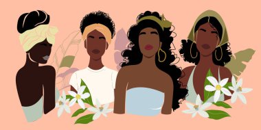 Dört siyah kadının soyut portresi. Çağdaş Afrikalı Amerikalı kadın. Düz biçimli vektör illüstrasyonu