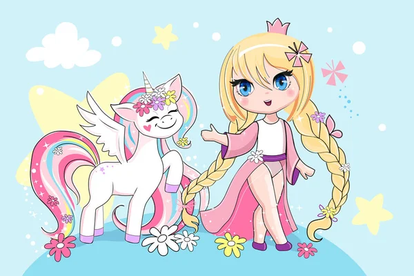 Μια Όμορφη Μονόκερος Και Ένα Μικρό Κορίτσι Anime Πριγκίπισσα Ένα — Διανυσματικό Αρχείο
