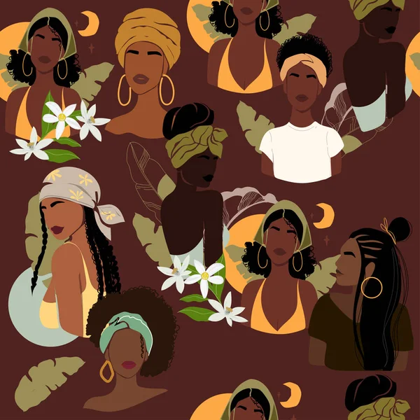 Siyahi kadınların soyut portresi kusursuz desenli. Çağdaş Afrikalı Amerikalı kadın. Düz biçimli vektör illüstrasyonu