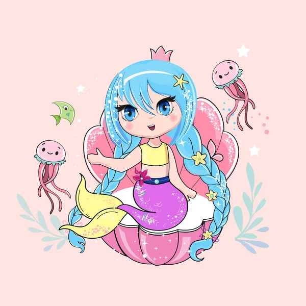 Beautiful Cartoon Mermaid Jellyfish Kawaii Style Vector Illustration Art Isolated — Stock Vector
