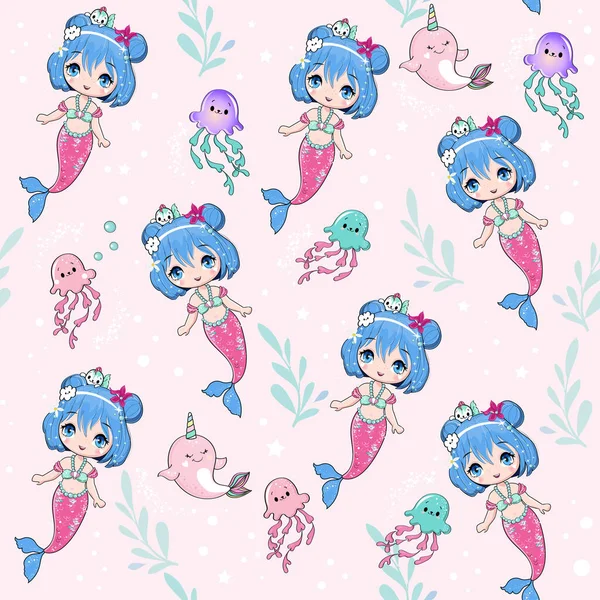 Beautiful Mermaid Colorful Jellyfish Anime Style Seamless Pattern Vector Illustration — Stock Vector