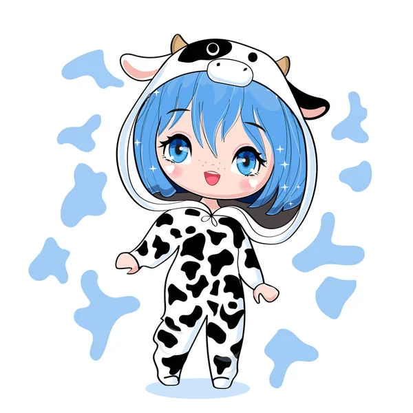 stock vector Cute cartoon anime girl in cow costume on a white background isolated. Vector illustration print for children t-shirt