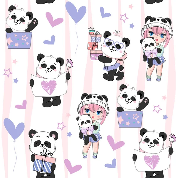 Şirin bebek panda, anime küçük kız ve Kawaii karalama stili hediye kutuları. Mutlu yıllar konsepti. Vektör karikatür çizimi kusursuz desen