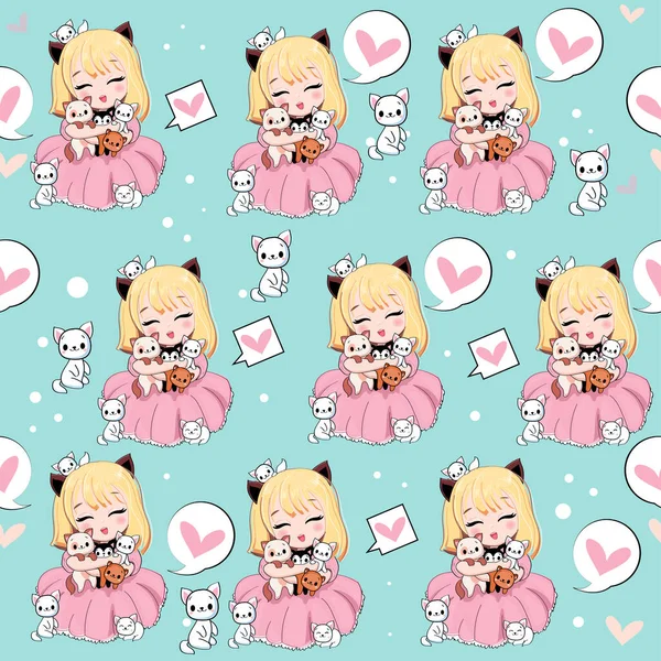 Mavi arka planda küçük kedileri olan sevimli çizgi film anime kızı. Kawaii tarzında kız için vektör illüstrasyonu