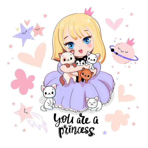 Schattig Cartoon Anime Meisje Met Kleine Kittens Kleine Prinses Kawaii — Stockvector