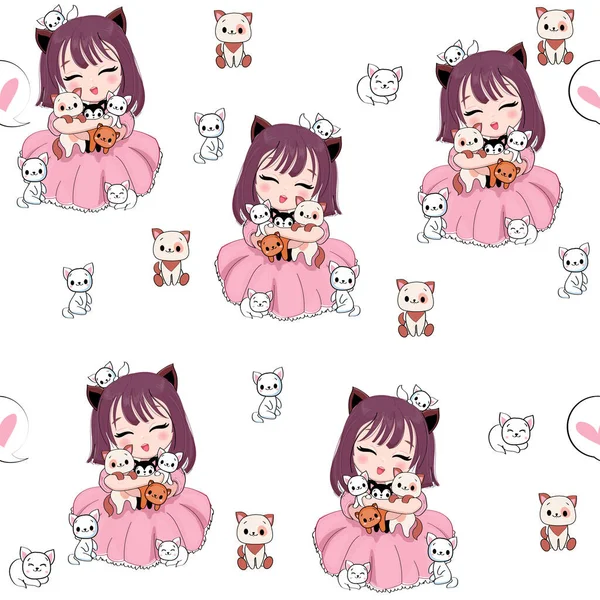 Cute Cartoon Anime Girl Little Cats Seamless Pattern Vector Illustration — Stock Vector