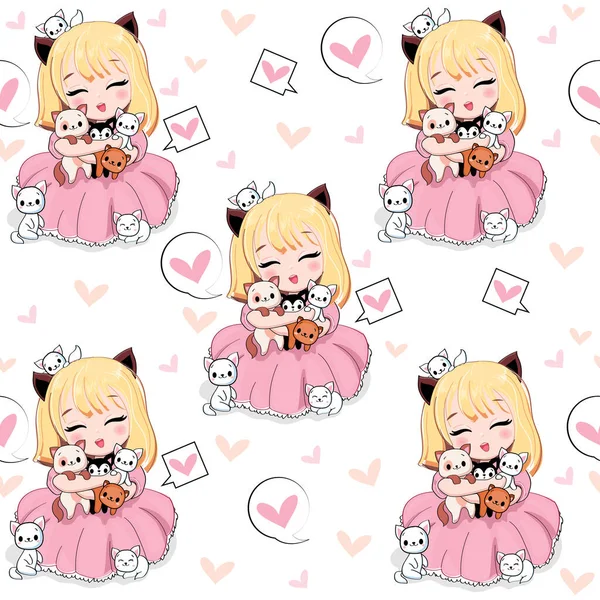 Cute Cartoon Anime Girl Little Cats Seamless Pattern Vector Illustration — Stock Vector
