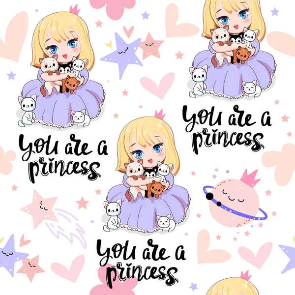 Küçük kedileri olan sevimli çizgi film anime kızı. Kawaii tarzında kusursuz desenli küçük prenses. Tişört için vektör illüstrasyon baskısı