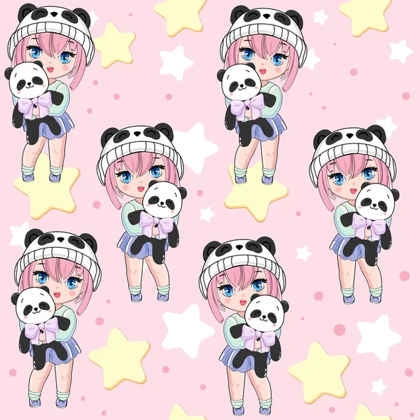 Stock vector Cute cartoon anime girl with panda and stars on a pink background. Vector illustration print in kawaii style seamless pattern