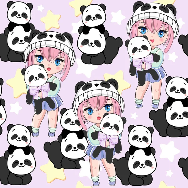 Roztomilé Kreslené Anime Dívka Pandou Hvězdami Vektorový Ilustrační Potisk Pro — Stockový vektor