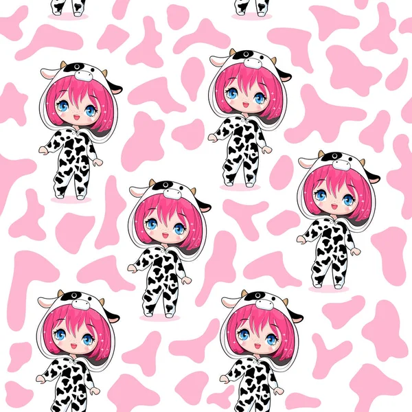 stock vector Cute cartoon anime girl with pink hair in cow costume on a white background seamless pattern. Vector illustration print for children t-shirt