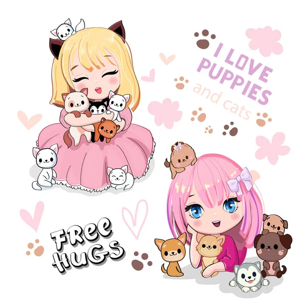 Cute Cartoon Anime Girls Little Kittens Dogs Vector Illustration Print — Stock Vector