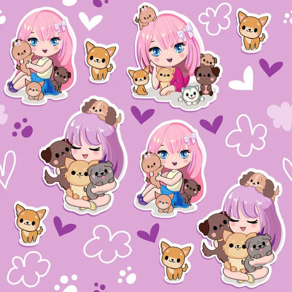 Mor arka planda küçük kedileri ve köpekleri pürüzsüz desenli şirin çizgi film kızları. Kawaii tarzında vektör illüstrasyon baskısı
