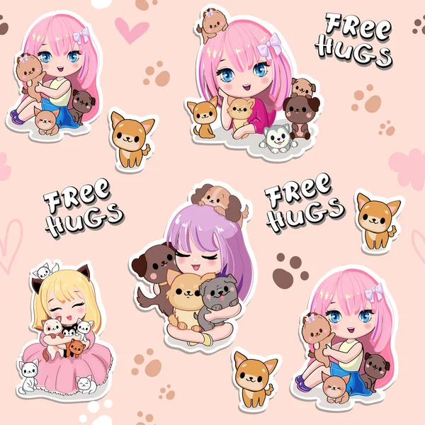 Küçük kedileri ve köpekleri pürüzsüz desenli şirin çizgi film kızları. Moda yaması çıkartmaları. Kawaii 'de vektör illüstrasyon baskısı