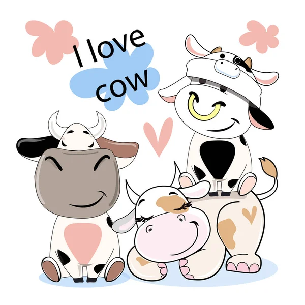 Cute Cartoon Cows Kawaii Style White Background Isolated Vector Illustration — Stock Vector