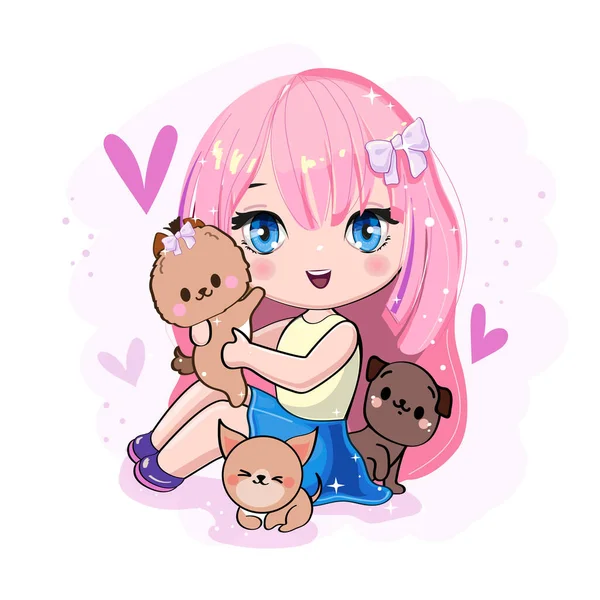 Beyaz arka planda kawaii köpekleri olan anime tarzında tatlı bir çizgi film kızı. Vektör illüstrasyon tişört baskısı