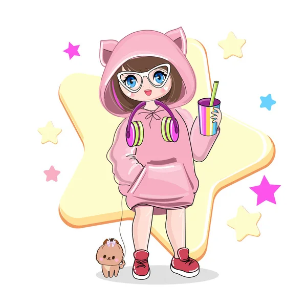 Anime tarzında, küçük köpeği olan tatlı bir çizgi film kızı. Kawaii tarzı. Vektör illüstrasyon tişört baskısı
