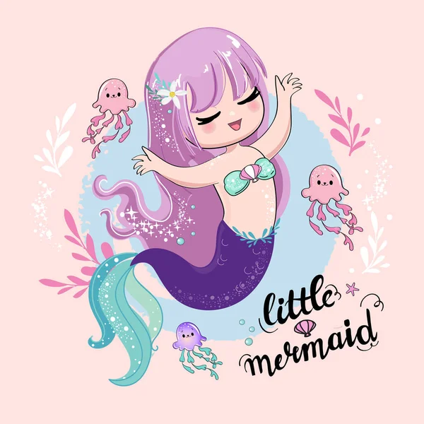 Kawaii tarzında pembe bir arka planda sevimli bir çizgi film çizimi denizkızı. Tişört sanatı, pijama.