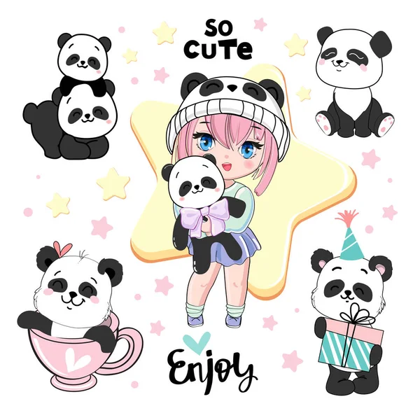 Roztomilá Kolekce Kresleným Anime Dívka Panda Hračky Vektorový Ilustrační Potisk — Stockový vektor