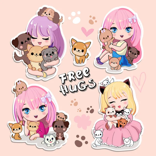 Leuke Set Met Cartoon Anime Meisjes Met Kleine Kittens Honden — Stockvector