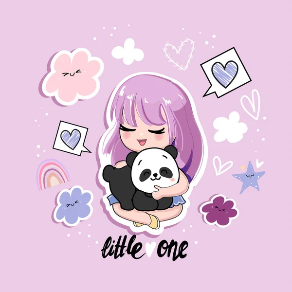 Cute Stickers Cartoon Anime Girl Panda Toy Purple Background Vector — Stock Vector