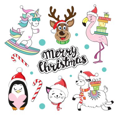 Komik hayvanlarla dolu bir Noel koleksiyonu ve beyaz arka planda Mutlu Noeller yazıları. Flamingo, Penguen, Kedi, Noel Geyiği, Lama ve Tekboynuz