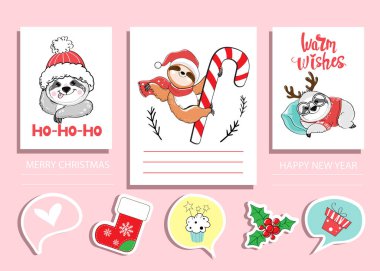 Sevimli miskinler Noel kartı koleksiyonu. Mutlu Noeller ve yeni yıl seti. Vektör illüstrasyonu komik hayvanlar