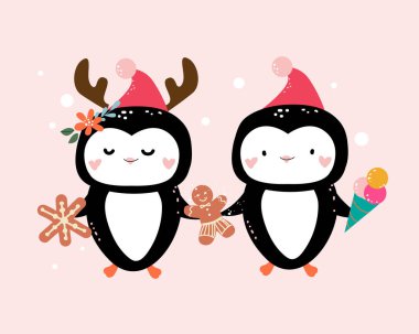 Pembe arka planda iki komik Noel pengueni. Çocuklar için vektör illüstrasyonu. Doodle tarzı