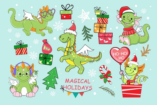Bel Ensemble Avec Des Dragons Des Cadeaux Noël Dessin Animé — Image vectorielle