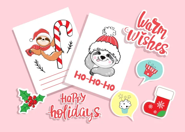 Cartões Natal Ano Novo Com Ursos Preguiça Engraçados Ilustração Desenho — Vetor de Stock