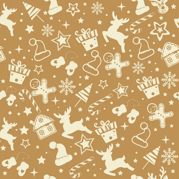 Christmas New Year Seamless Pattern Deer Snowflakes Santa Claus Hats — Stock Vector