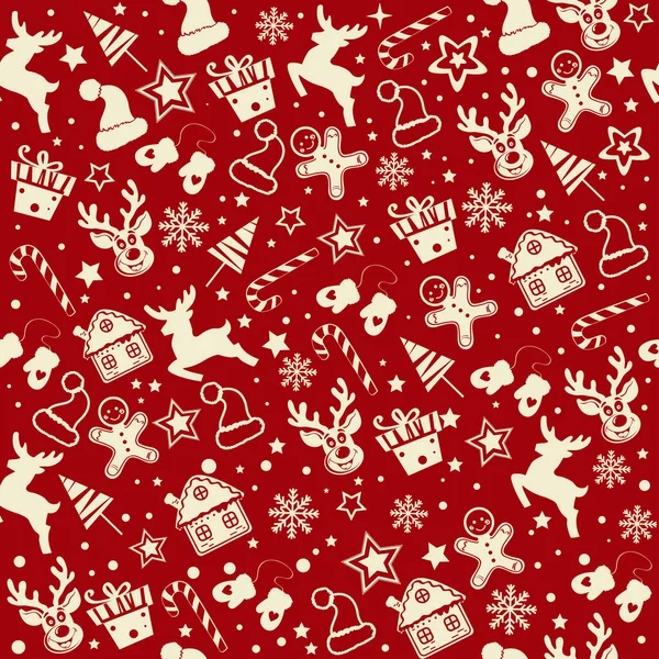 Geyik, kar taneleri, Noel Baba şapkaları ve kırmızı arka planda diğer Noel dekorlarıyla Noel ve Yeni Yıl desenleri.