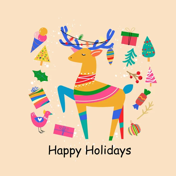 Christmas Card Deer Xmas Elements Vintage Style Vector Illustration — Stock Vector