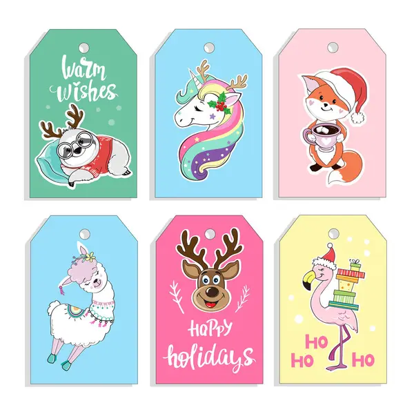 Komik hayvanlı Noel kartları. Tek boynuzlu at, lama, tilki ve Noel geyiği. Vektör illüstrasyonu