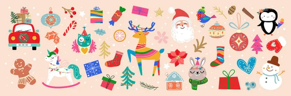Christmas Collection Retro Style Traditional Xmas Elements Santa Claus Unicorn — Stock Vector