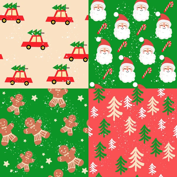 圣诞系列 有桑塔头 冬季车 姜饼人和树无缝图案 矢量说明 — 图库矢量图片