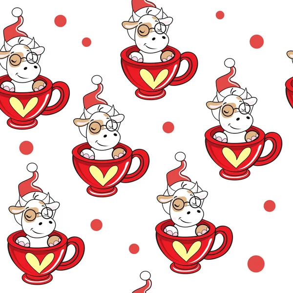 Vaca Linda Navidad Patrón Sin Costuras Sombrero Santa Claus Símbolo — Archivo Imágenes Vectoriales