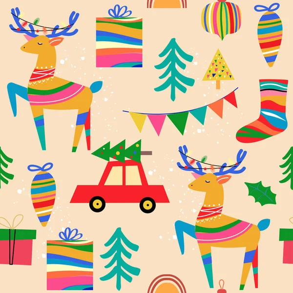 Christmas Deer Xmas Elements Vintage Style Seamless Pattern Vector Illustration — Stock Vector