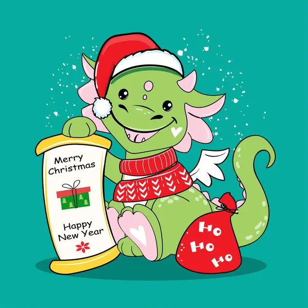 Noël Drôle Dragon Père Noël Avec Poster Cadeau Nouvel Illustration — Image vectorielle