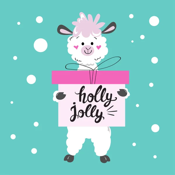 Llama Navidad Sostiene Cajas Con Regalo Inscripción Holly Jolly Tarjeta — Archivo Imágenes Vectoriales