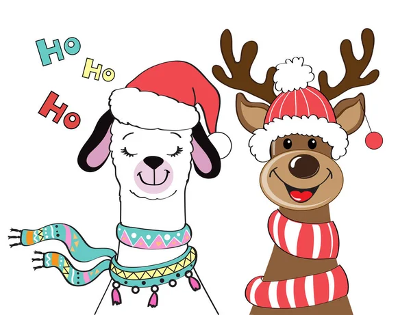 Christmas Llama Christmas Deer Rudolph New Year Card Vector Cartoon — Stock Vector