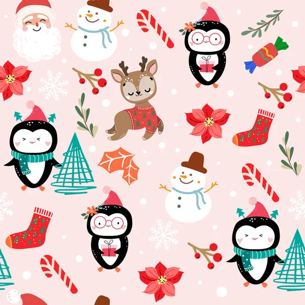Boże Narodzenie Bezproblemowy Wzór Zabawnymi Zwierzętami Dekoracji Nowego Roku Mikołaj — Wektor stockowy