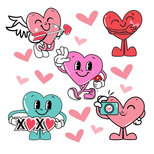 与嬉皮爱情贴纸为情人节收集 90年代的趋势 漫画人物 快乐的心 矢量说明 — 图库矢量图片