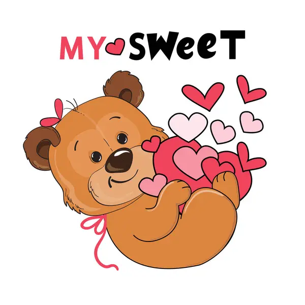 Cute Cartoon Teddy Bear Heart Inscription Sweet Isolated Vector Illustration — Stock Vector