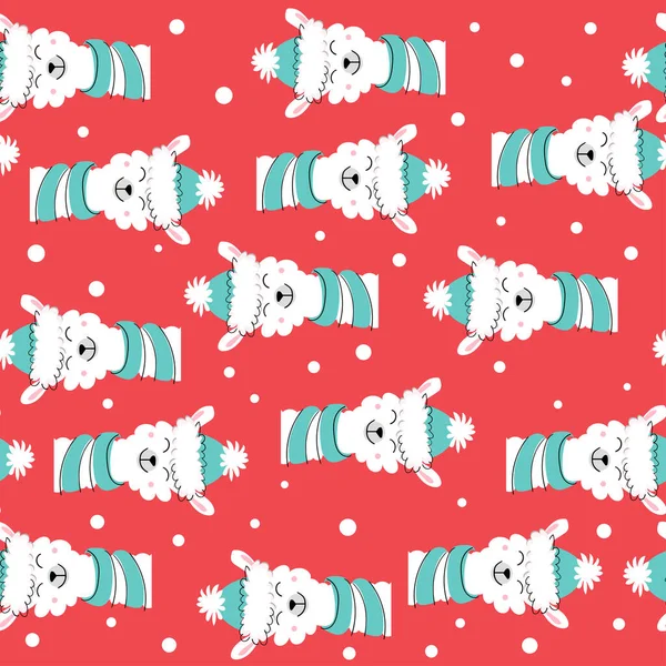Drôle Noël Llama Motif Sans Couture Sur Fond Rouge — Image vectorielle