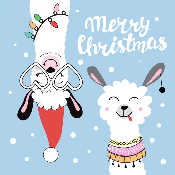 Funny Llamas Glasses Inscription Merry Christmas Vector Illustration Christmas New — Stock Vector