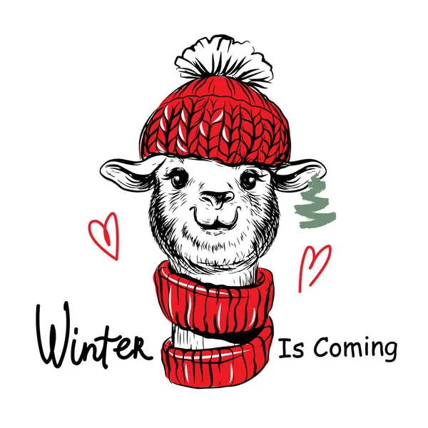 Hand Drawn Sketch Illustration Funny New Year Llama Winter Concept — Stock Vector