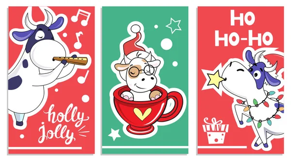 Novoroční Pohlednice Krávami Klobouku Santa Clause Symbol Roku2021 Vektorová Ilustrace — Stockový vektor
