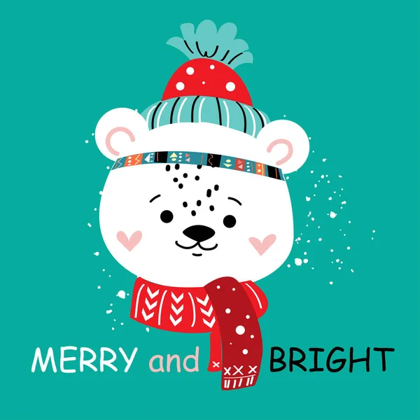 Divertido Oso Polar Año Nuevo Inscripción Merry Bright Ilustración Vectorial — Archivo Imágenes Vectoriales