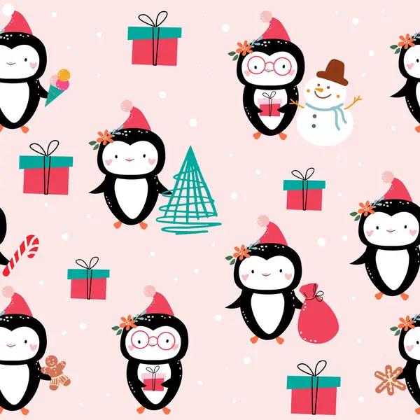 Pingwin Kapeluszu Świętego Mikołaja Bezszwowy Wzór Dla Dzieci Ilustracja Wektora — Wektor stockowy